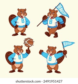 Set of Beavers Sport Mascot in Vintage Style