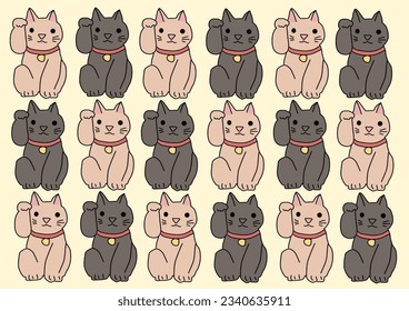 Set of beckoning cats. Pattern of Manekineko or beckoning cats. Set of Maneki-Neko on brown background. Vector illustration with hand-drawn style.