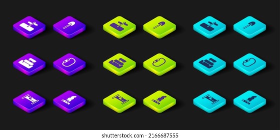 Icono de identificación de tráfico Set Bed, Campfire, Bench, Carabiner, Shovel y Road. Vector