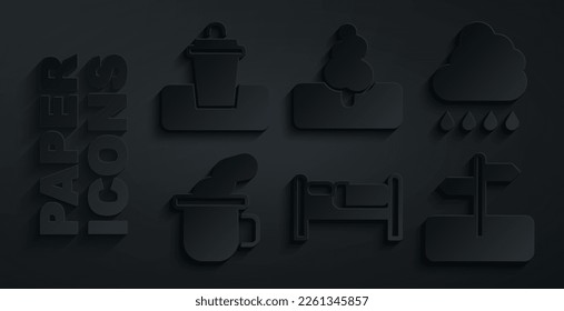 Set Bed, Cloud with rain, Cup of tea, Road traffic sign, Tree and Trash can icon. Vector