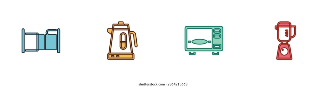 Set Bed, Electric kettle, Microwave oven and Blender icon. Vector