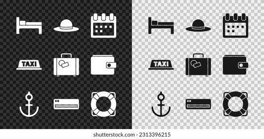 Set Bed, Elegant women hat, Calendar, Anchor, Air conditioner, Lifebuoy, Taxi car roof and Suitcase icon. Vector