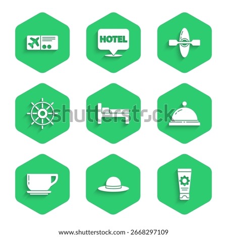 Set Bed, Elegant women hat, Sunscreen cream in tube, Hotel service bell, Coffee cup, Ship steering wheel, Kayak or canoe and Airline ticket icon. Vector