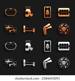 Set Bed, False jaw, Vitamin pill, Bone pain, Monitor with cardiogram, Emergency phone call, Eyeglasses and Medicine bottle and pills icon. Vector