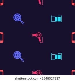 Set Bed, Frying pan, Hair dryer and Mobile phone on seamless pattern. Vector