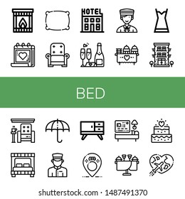 Set of bed icons such as Fireplace, Medical appointment, Pillow, Armchair, Hotel, Wedding, Bellboy, Nightgown, Bed, Sun umbrella, Doorman, Furniture, Honeymoon , bed