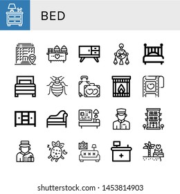 Set Of Bed Icons Such As Nightstand, Hotel, Wedding, Furniture, Mobile Toy, Bed, Bed Bug, Honeymoon, Fireplace, Closet, Divan, Doorman, Bellboy, Sleeping, Living Room, Front Desk ,