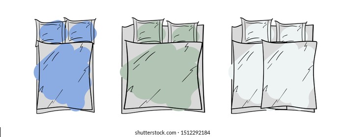 A set of bed linen of different sizes. A simple sketch. Template for demonstrating patterns. Outline drawing of a bed. Sleeping accessories. Vector illustration.