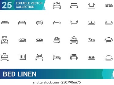 Set of bed linen Icons. Collection and pack of linear web and ui icons. Editable stroke. Vector illustration.