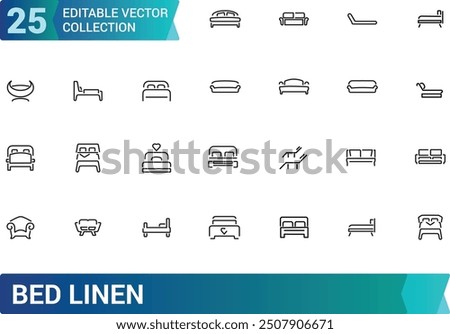 Set of bed linen Icons. Collection and pack of linear web and ui icons. Editable stroke. Vector illustration.