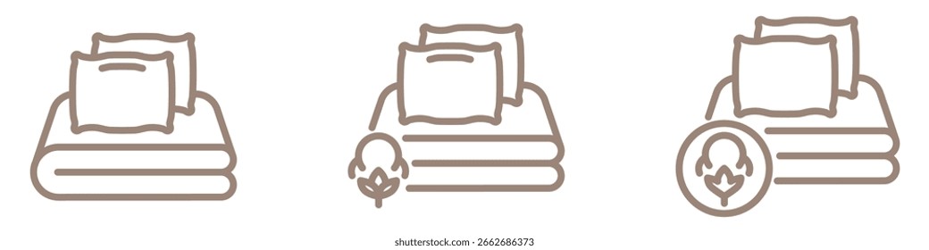 Satz von Bettwäsche lineare Symbole mit Baumwollsymbol einzeln auf transparentem Hintergrund. Baumwolle Bettwäsche Linie Symbole gesetzt. Bio-Baumwolle. Reine Bio-Baumwolle Bettwäsche Icons. Bearbeitbarer Strich.