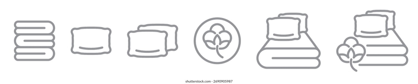 Set of bed linen linear icons with cotton symbol isolated on transparent background. Pure organic cotton bedding symbols. Eco home textile line icons. Editable stroke design.