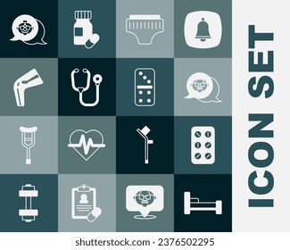 Set Bed, Pills in blister pack, Grandfather, Adult diaper, Stethoscope, Bone pain, Grandmother and Domino icon. Vector