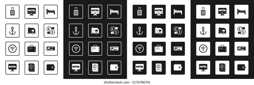 Set Bed, Rv Camping trailer, Anchor, Suitcase, Money exchange, Online hotel booking, Airline ticket and Wi-Fi wireless internet network icon. Vector