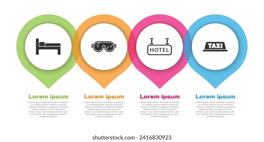Set Bed, Ski goggles, Signboard with text Hotel and Taxi car roof. Business infographic template. Vector