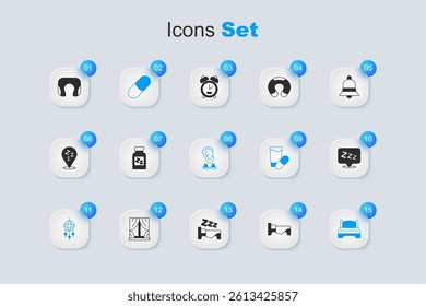 Set Bed, Sleeping pill, Dream catcher with feathers, Big bed, Sleepy, Travel neck pillow and Earplugs and ear icon. Vector
