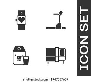Set Bed, Smart watch, Paper package for milk and Treadmill machine icon. Vector