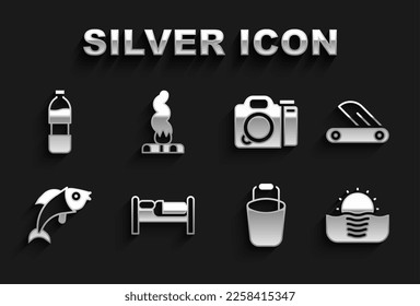 Set Bed, Swiss army knife, Sunrise, Bucket, Fish, Photo camera, Bottle of water and Campfire icon. Vector