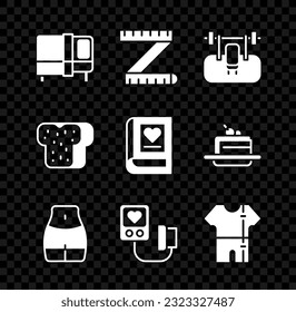 Set Bed, Tape measure, Bench with barbel, Women waist, Blood pressure, Sport track suit, Bread toast and Medical book icon. Vector