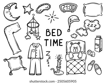 Set of bed time hand drawn doodle. Bedroom items. Sleeping dream. Bed, pillow, milk, moon, pajamas. Good night. Vector outline line art illustration.