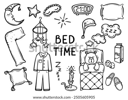 Set of bed time hand drawn doodle. Bedroom items. Sleeping dream. Bed, pillow, milk, moon, pajamas. Good night. Vector outline line art illustration.