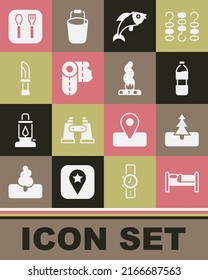 Set Bed, Tree, Bottle of water, Fish, Paper towel roll, Knife, Fork and spoon and Campfire icon. Vector