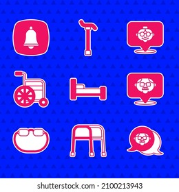 Set Bed, Walker, Grandfather, Eyeglasses, Wheelchair, Grandmother and Emergency phone call icon. Vector