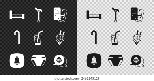 Set Bed, Walking stick cane, Domino, Emergency phone call, Adult diaper, Grandmother,  and Glass with water icon. Vector