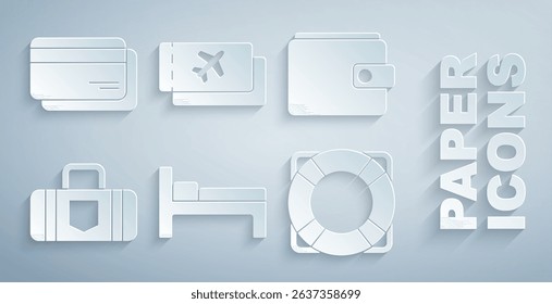Set Bed, Wallet, Suitcase, Lifebuoy, Airline ticket and Credit card icon. Vector