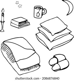 Un juego de camas. Una manta, almohadas, zapatillas, té, un libro, una vela. Hora de la noche. Ilustraciones dibujadas a mano por vectores en blanco y negro. Logo, garabato, boceto, clipart.