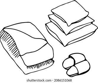A set of bedding. Blankets, pillows, slippers. Black and white vector hand-drawn illustrations. Logo, doodle, sketch, clipart.