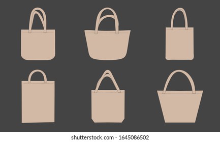 Set of bedge tote shopping eco fabric bags. Vector illustration of mockup blank template isolated on gray background. Canvas bags.