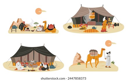 Set of bedouin camps flat style, vector illustration isolated on white background. Decorative design elements collection, Arabian people in tradition clothes, traveling and walking