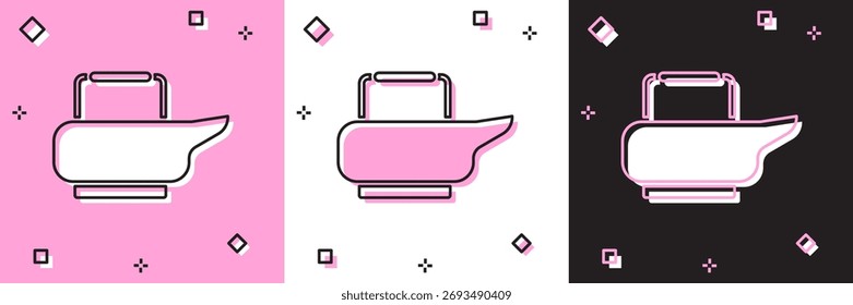 Definir ícone Bedpan isolado em rosa e branco, fundo preto. Toalete para pacientes acamados.  Ilustração de vetor