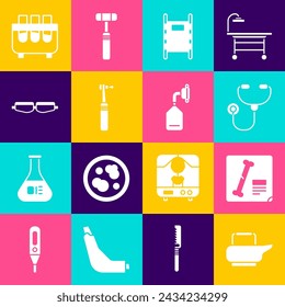 Set Bedpan, X-ray shots, Stethoscope, Stretcher, Tooth drill, Safety goggle glasses, Test tube and flask and Medical oxygen mask icon. Vector