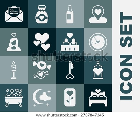 Set Bedroom, Bottle with love potion, Clock heart, Wine bottle, Heart, Couple, Greeting card and  icon. Vector
