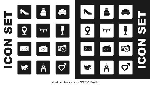 Set Bedroom, Carnival garland with flags, Location heart, Woman shoe, Glass of champagne, Wedding cake, Photo camera and Envelope Valentine icon. Vector