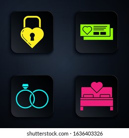 Set Bedroom, Castle in the shape of a heart, Wedding rings and Ticket with heart. Black square button. Vector
