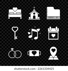 Set Bedroom, Church building, Grand piano, Wedding rings, Two coffee cup heart, Map pointer with, Key shape and Music note, tone hearts icon. Vector