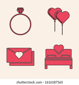 Set Bedroom, Diamond engagement ring, Balloons in form of heart with ribbon and Envelope with Valentine heart icon. Vector