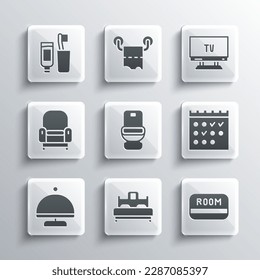 Set Bedroom, Hotel key card, booking calendar, Toilet bowl, Covered with tray, Armchair, Toothbrush and toothpaste and Smart Tv icon. Vector