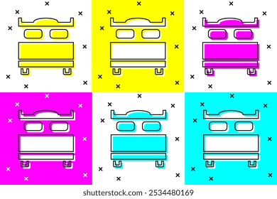 Icono del dormitorio aislado en el fondo del color. Boda, amor, símbolo matrimonial. Icono creativo del dormitorio de la colección de luna de miel.  Vector