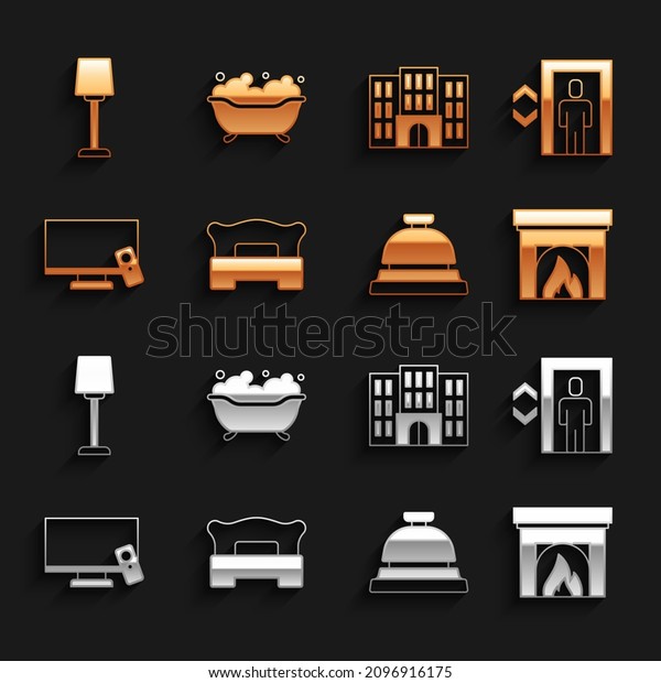 Set\
Bedroom, Lift, Interior fireplace, Hotel service bell, Smart Tv,\
building, Table lamp and Bathtub icon.\
Vector