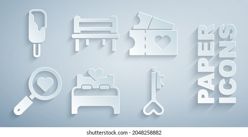 Set Bedroom, Love ticket, Search heart and love, Key in shape, Romantic bench and Ice cream icon. Vector