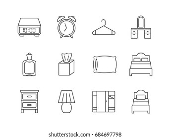 Set of bedroom and sleeping related line icons set.