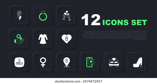 Set Bedroom, Woman shoe, dress, Mobile with heart, Female gender symbol, Diamond engagement ring and 8 March icon. Vector