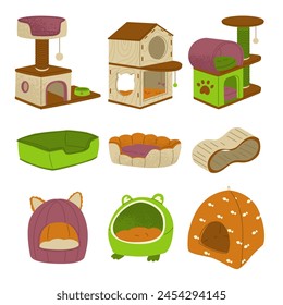 Set of beds and houses for cats. Cat claw scratcher. A comfortable and active life for a pet. Design for stores with pet products. Vector illustration isolated on transparent background.