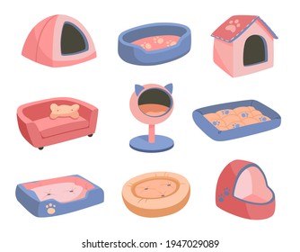 A set of beds for a pet, dog or cat. Flat vector illustration of goods for animals. Objects isolated on white background, cartoon style. Violet, pink, golden colors