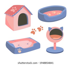 Un conjunto de camas para una mascota, un perro o un gato. Ilustración vectorial plana de mercancías para animales. Objetos aislados en fondo blanco, estilo de dibujos animados. Colores violeta, rosa y dorado.