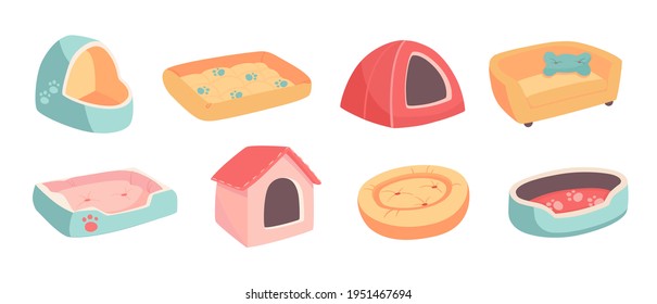 A set of beds for a pet, dog or cat. Flat vector illustration of goods for animals. Objects isolated on white background, cartoon style. Turquoise, yellow, red, pink colors